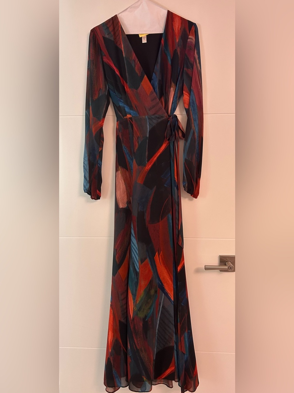 Anthropologie Wrap Maxi Dress - Black with Red & Blue Accents